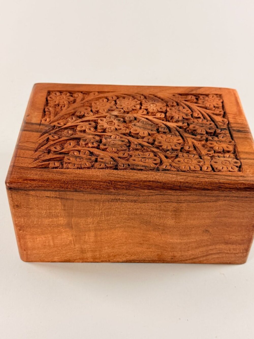 Vintage Tree of Life Wooden Hand Carved Urn Box India 7.5 x 5.5 x 3.5